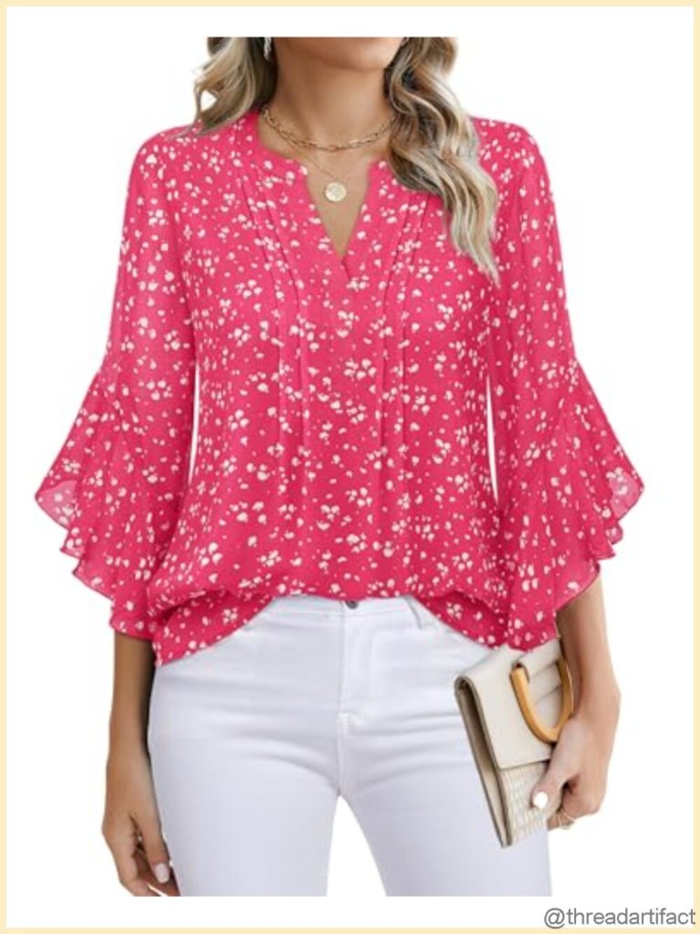Women's 3/4 Ruffle Sleeve Pleated Henley V-Neck Chiffon Tunic Top